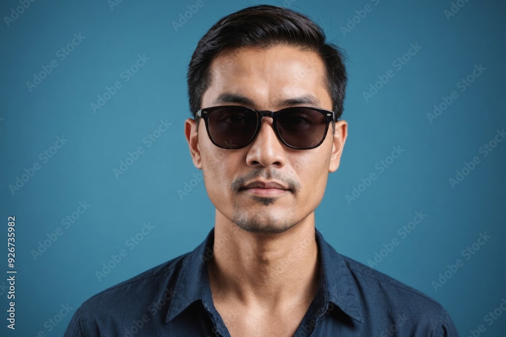 travel asian man wearing dark sunglasses portrait, isolated on blue background travel asian man wearing dark sunglasses portrait, isolated on blue background