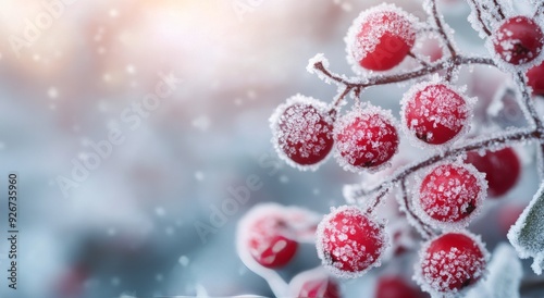 Frost-covered red berries on branches during a winter morning