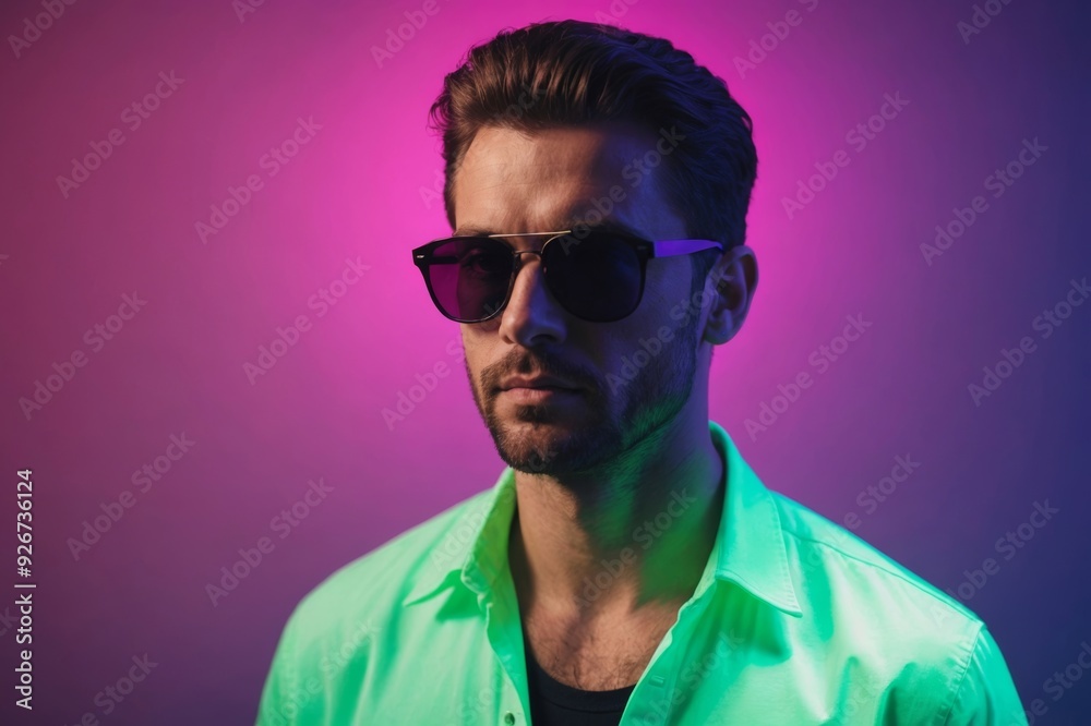 Modern man's portrait in sunglasses isolated on studio background in neon light Modern man's portrait in sunglasses isolated on studio background in neon light