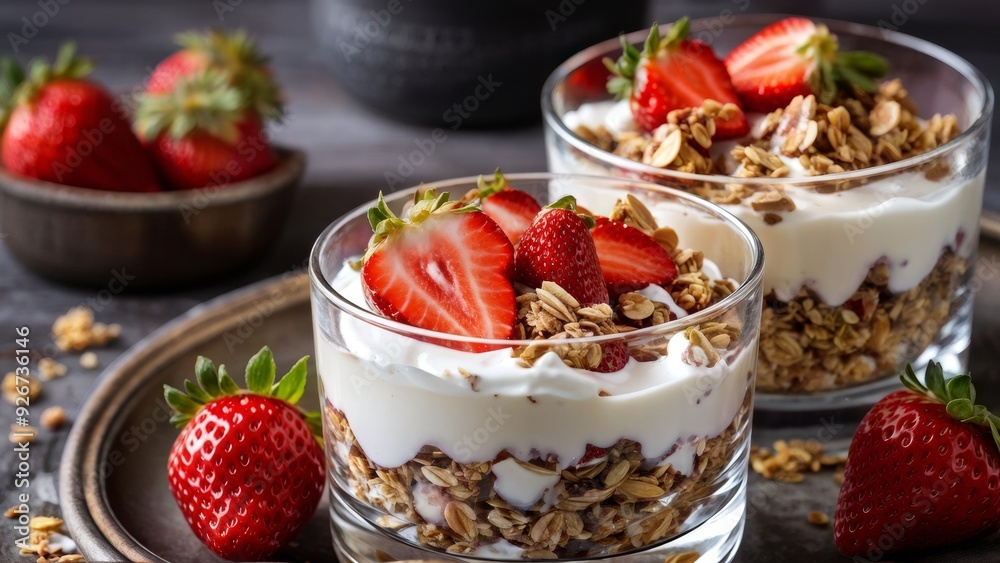Granola with yogurt and strawberries in a glass.