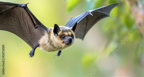 A close-up of a bat in flight against a blurred natural background during twi...