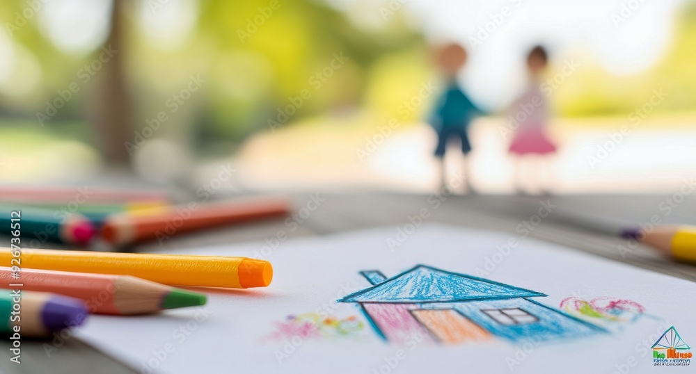 Childrens drawing of a house with family figures and colorful art supplies on a wooden table Childrens drawing of a house with family figures and colorful art supplies on a wooden table
