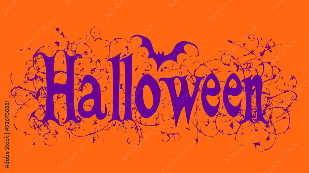 Fototapeta premium Halloween Text in Purple with Bat Silhouette and Ornamental Design on Orange Background