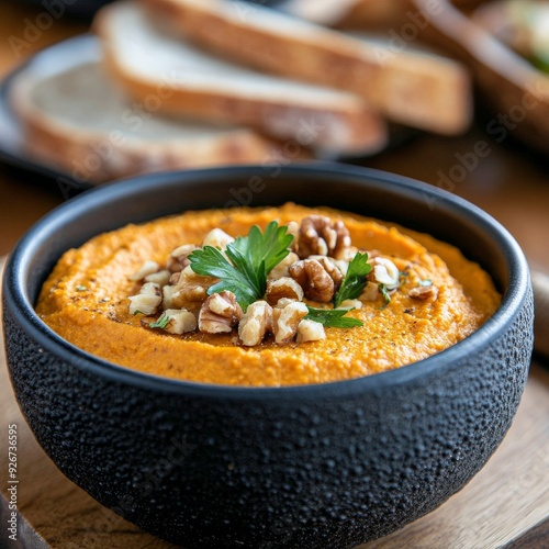 Creamy orange dip served with bread and garnished with nuts and herbs