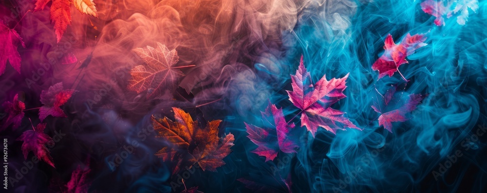 autumn leaves with smoke and neon light. autumn leaves with smoke and neon light.