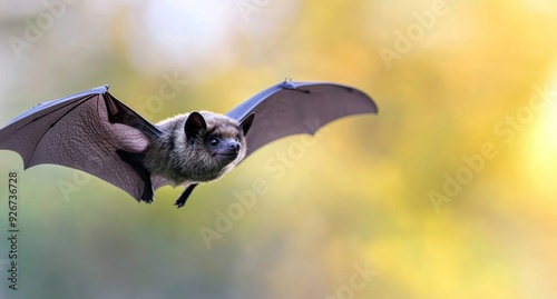 A close-up of a bat in flight against a blurred natural background during twi...