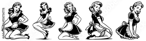 beauty pin-up girl illustration, adorable beautiful pinup woman model, comic book character, black shape silhouette vector decoration