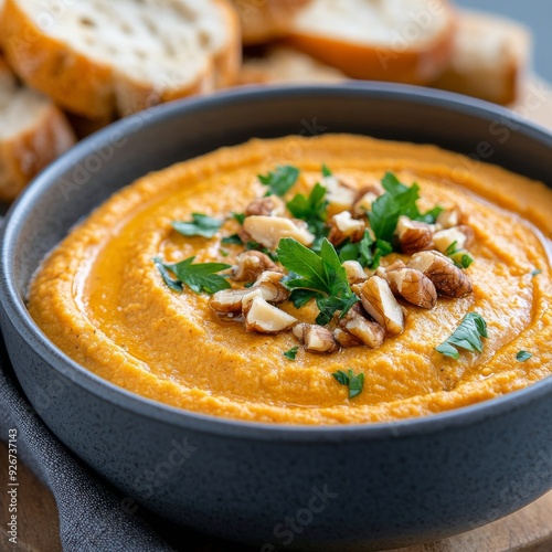 Creamy orange dip served with bread and garnished with nuts and herbs