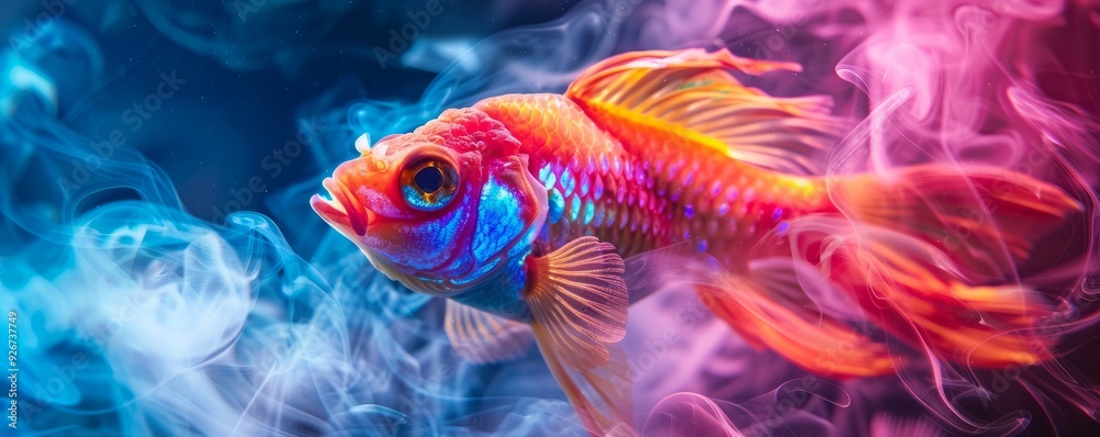 fish against the background of smoke and neon light. fish against the background of smoke and neon light.