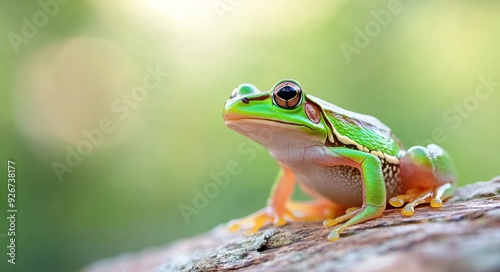 Green tree frog perched on a rock during a sunny day in a lush garden