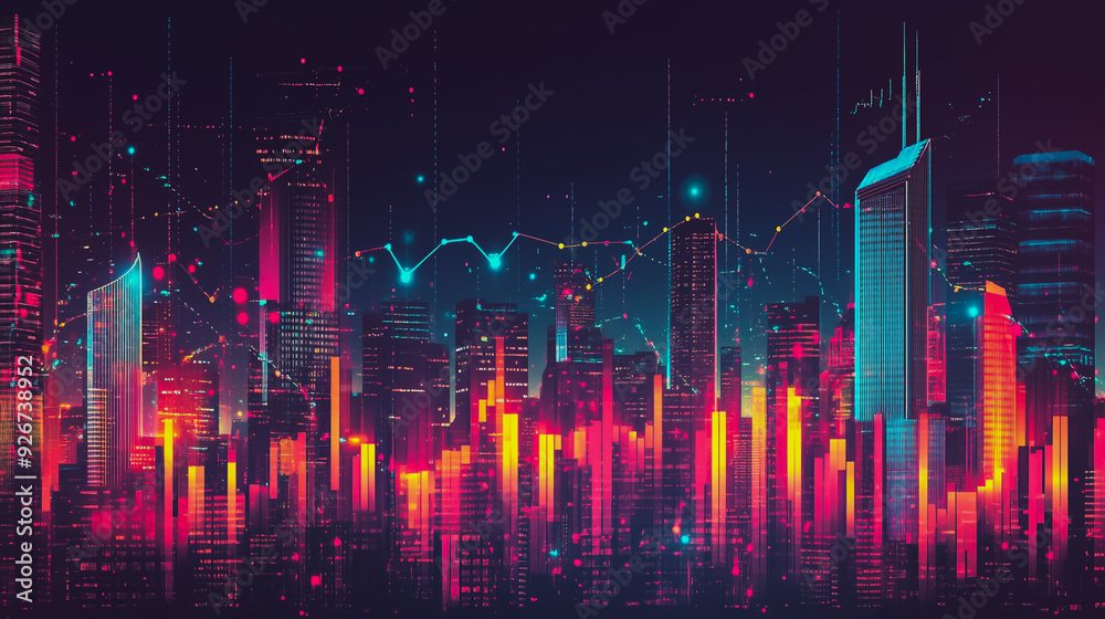 Abstract with pastel colorful charts and graphs with statistics to analyze business potential and forecast future development of companies growth. with city skyline and modern building background Abstract with pastel colorful charts and graphs with statistics to analyze business potential and forecast future development of companies growth. with city skyline and modern building background