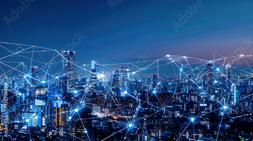 Cityscape of urban connections and business environment with wireless network technologies. Integration of IOT technology and 5G internet in modern cities.
 #926738923