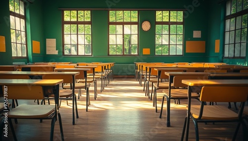 Empty Classroom. Back to school concept in high school. Classroom Interior Vintage Wooden Lecture Wooden Chairs and Desks. Studying lessons in secondary education. 