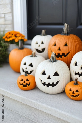 White and orange pumpkins with carved faces displayed on a table in autumn se...