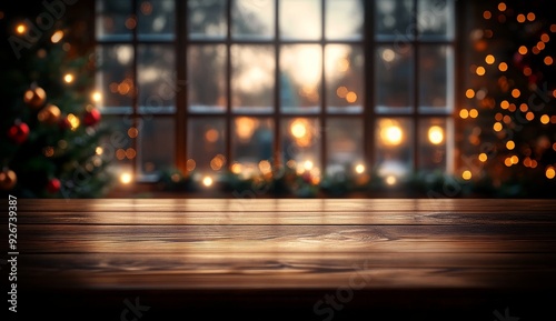 Empty wooden table with christmas theme in background