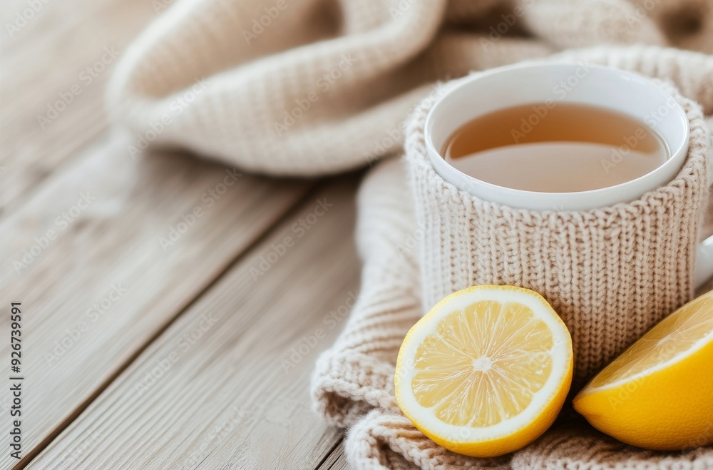 Warm cup of tea with lemon slice wrapped in a soft scarf on a cozy wooden table Warm cup of tea with lemon slice wrapped in a soft scarf on a cozy wooden table
