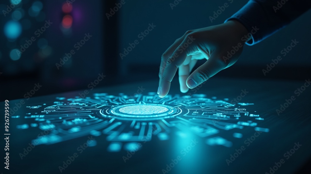 Naklejka premium a hand reaching towards a glowing, futuristic device on a dark surface. Blue and white circuitry patterns illuminate the projection screen. Abstract technology concept with a sense of curiosity.