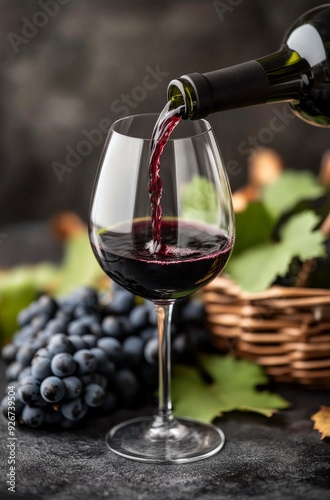 Pouring red wine into a glass beside fresh grapes and autumn leaves