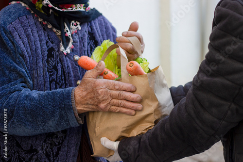 grocery delivery for old woman from supermarket. Health, shopping and female with elderly lady customer at home entrance, healthy food and groceries bag from retail store courier