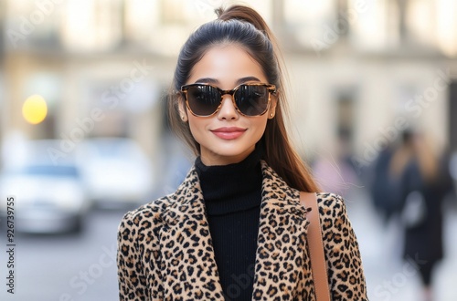 Young woman in leopard print coat and sunglasses walking through a busy urban...