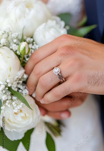 Bride holding a floral bouquet with peonies and a sparkling engagement ring d...