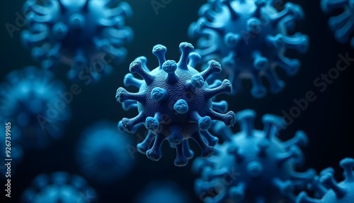 A close-up view of a blue coronavirus particle, with its distinctive spike proteins protruding from the surface