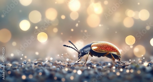 A colorful beetle crawls along the shimmering ground in soft evening light