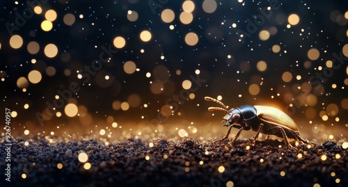 A colorful beetle crawls along the shimmering ground in soft evening light