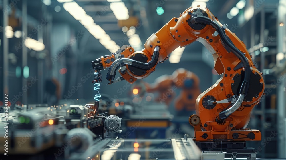 Close-up of an industrial robotic arm working on an assembly line in a modern factory. Precision and automation in manufacturing. Close-up of an industrial robotic arm working on an assembly line in a modern factory. Precision and automation in manufacturing.