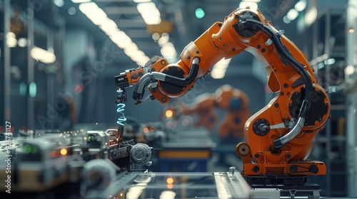 Close-up of an industrial robotic arm working on an assembly line in a modern factory. Precision and automation in manufacturing.