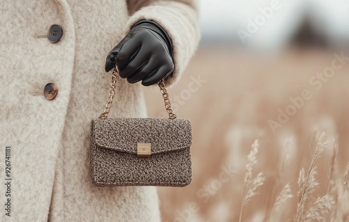 Elegant hand holding a stylish clutch in a grassy field during autumn