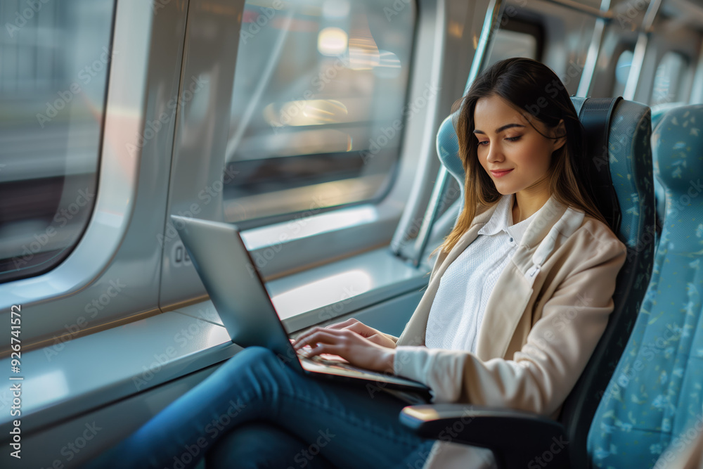 Young woman working on her laptop in a modern train, enjoying a peaceful journey with a focus on productivity Young woman working on her laptop in a modern train, enjoying a peaceful journey with a focus on productivity