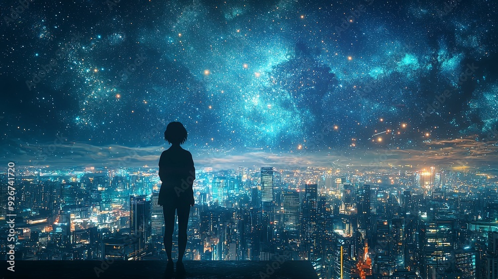 A futuristic cityscape with the silhouette of a person gazing at the stars, with large open areas for copy and additional design elements. High resolution 8K