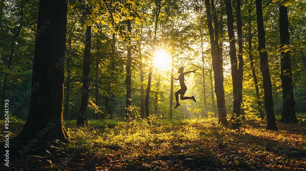 A sunlit forest combined with a person in mid-motion, such as running or jumping, with a generous amount of empty space. High resolution 8K A sunlit forest combined with a person in mid-motion, such as running or jumping, with a generous amount of empty space. High resolution 8K