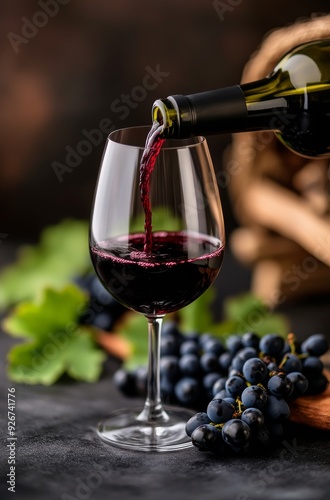 Pouring red wine into a glass beside fresh grapes and autumn leaves