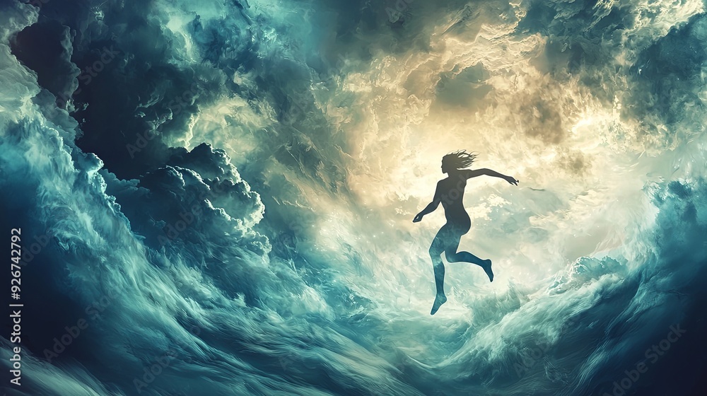An imaginative blend of a stormy sky with a person in a dynamic pose, offering significant open space for text or design elements. High resolution 8K An imaginative blend of a stormy sky with a person in a dynamic pose, offering significant open space for text or design elements. High resolution 8K