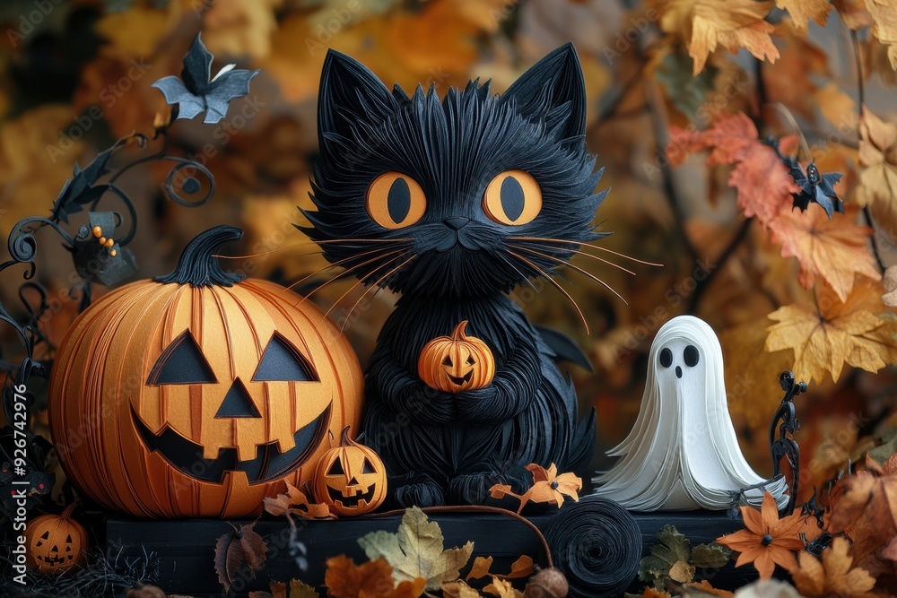 Naklejka premium Paper Art Black Cat on Fence with Pumpkin and Ghost