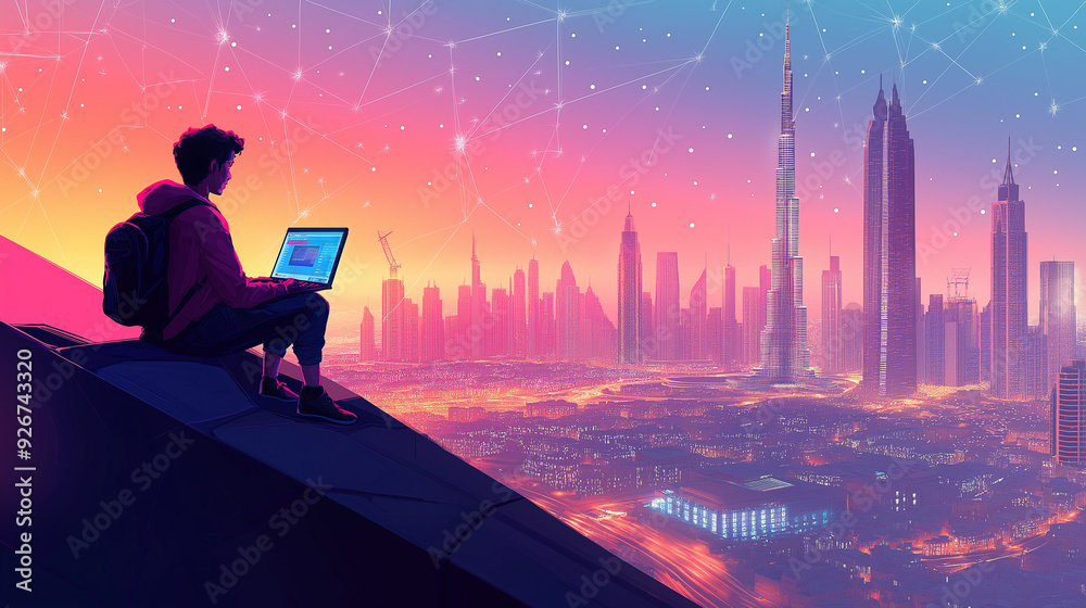 man with computer sits on roof of house and looks at sity, art based on traffic flow data man with computer sits on roof of house and looks at sity, art based on traffic flow data