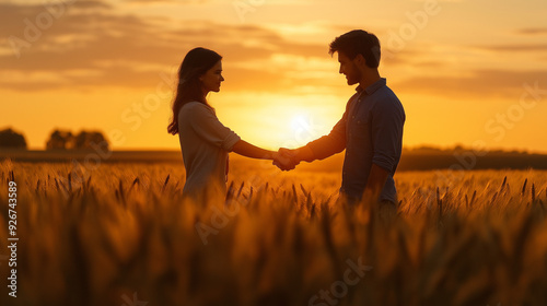 two men shaking hands at sunset in a wheat field