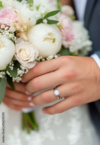 Bride holding a floral bouquet with peonies and a sparkling engagement ring d...