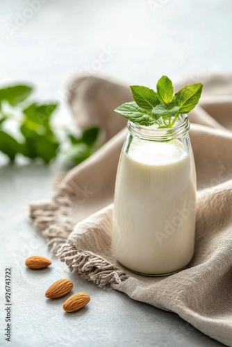 Almond milk in a glass with whole almonds on a cloth napkin