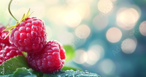 Fresh raspberries with dew drops on leaves against a blurred background