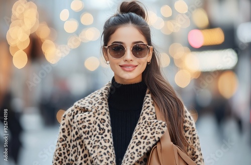Young woman in leopard print coat and sunglasses walking through a busy urban...
