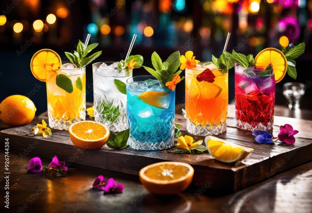 vibrant cocktails colorful garnishes showcasing array refreshing drinks bright accents festive atmosphere, beverage, fruit, lime, lemon, mint, umbrella vibrant cocktails colorful garnishes showcasing array refreshing drinks bright accents festive atmosphere, beverage, fruit, lime, lemon, mint, umbrella