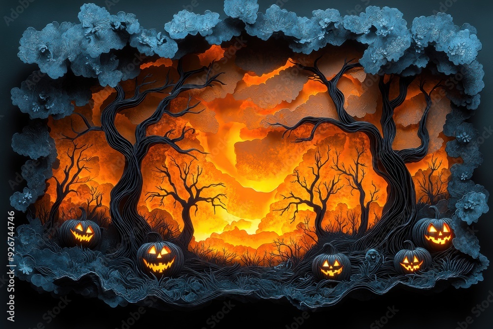 Intricate Paper Cutting of Creepy Forest with Twisted Trees and Glowing Jack-o'-Lanterns Intricate Paper Cutting of Creepy Forest with Twisted Trees and Glowing Jack-o'-Lanterns