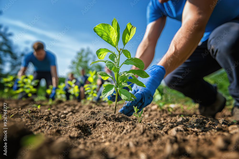 Fototapeta premium Volunteers Are Planting Young Trees Together During Earth Day In A Forested Area.