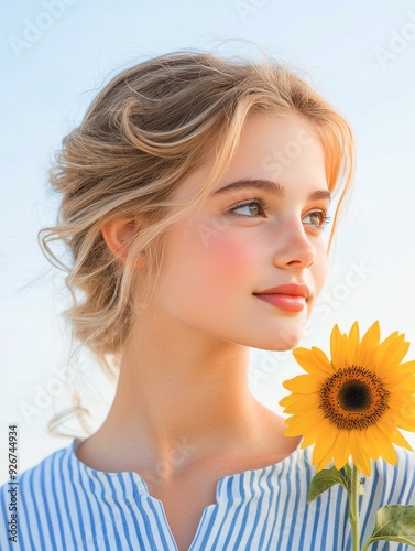 Young girl holding a sunflower outdoors on a sunny day with a clear blue sky