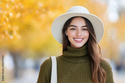 Smiling woman in green sweater and white hat among autumn leaves in a sunny park