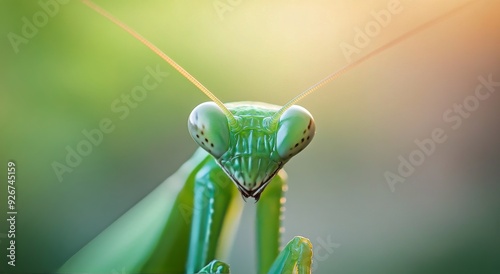 Green mantis perched on leaf in soft morning light