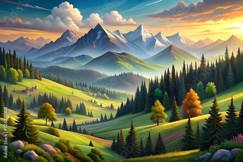 A vibrant, lush landscape painting of a sun-drenched meadow, with a majestic mountain range in the background.
 photo